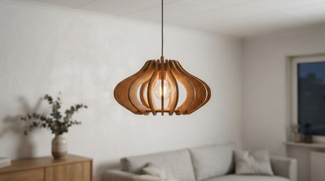 Warm pendant light fixture with wood design in modern living room interior