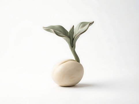 Sculptural ceramic seed sprouting green leaves on a clean white background