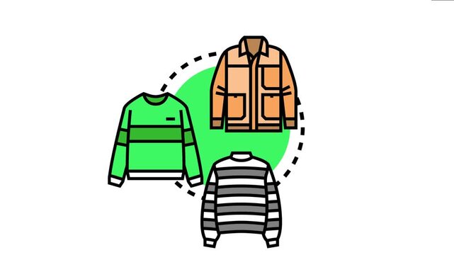 Winter apparel pieces featuring a jacket and two sweaters are forming a circular arrangement, preparation for cold weather and layering techniques