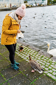 A white woman feeds wild birds by a lake in Iceland on a cold day