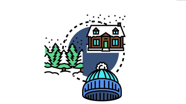 Seasonal winter displaying a snow covered cabin, surrounding evergreen trees, falling snowflakes, and a cozy knitted hat, symbolizing cold weather and festive holidays
