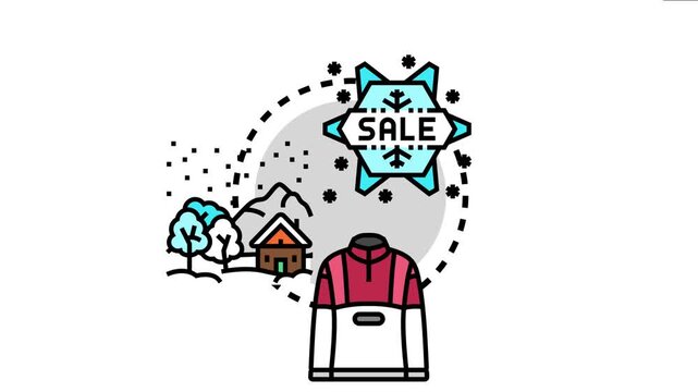 Winter season sales event depicting a festive snowflake banner with a discount sign, alongside a comfortable jacket and a snowy landscape during a cold weather promotion