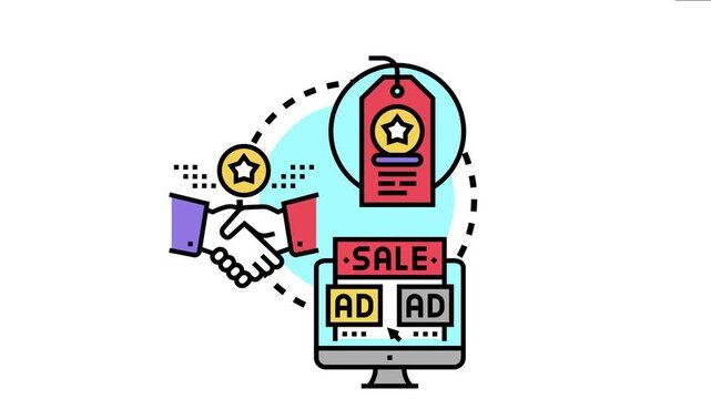 Special sales promotion concept with a price tag, hands shaking on a deal, and an online shopping display showing advertisement banners and offering discounts