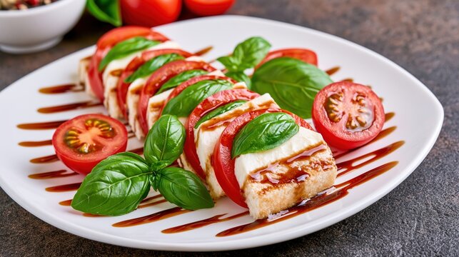 Fresh Caprese Salad with Mozzarella, Tomatoes, Basil, and Balsamic Glaze on a White Plate