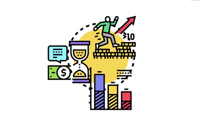 Person running up coin stacks, symbolizing financial growth and market success, with an hourglass, dollar bill, and bar chart indicating investment, time, and revenue progress