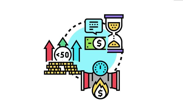 Bull market momentum concept upward trends, investment growth, and financial success with rising charts, coins, a gas meter, hourglass, and money