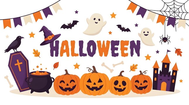 A festive and colorful halloween background featuring cute pumpkins ghosts bats a witch hat a haunted castle and a cauldron for your holiday party design
