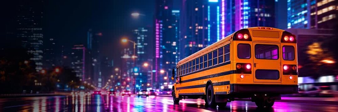 Yellow school bus driving through neon city at night. Back to school transport concept for education with copy space