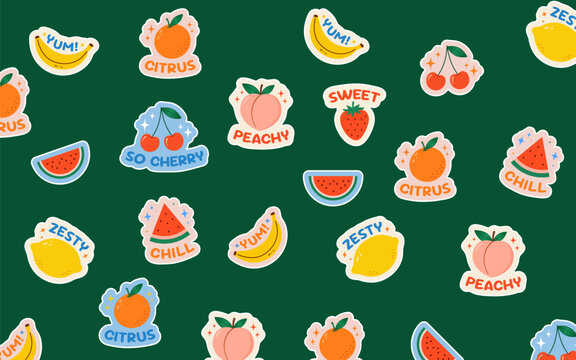 Cute fruit stickers pattern featuring bananas oranges cherries watermelons and peaches