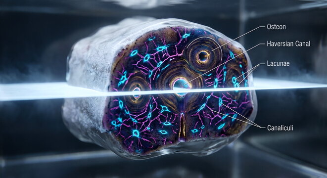 Calcified bone tissue cutaway in clear gel with fluorescent antibodies revealing osteons, canaliculi, and lacunae under a light-sheet beam.