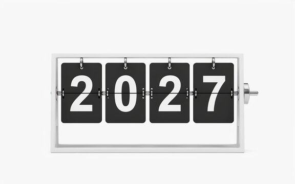 Mechanical flip clock display showing the year 2027 in white and black