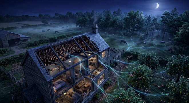 Aerial cutaway of a rural homestead beside fragmented forest, showing bat colony roof voids, wildlife links, and biosecurity risk at the animal human interface.
