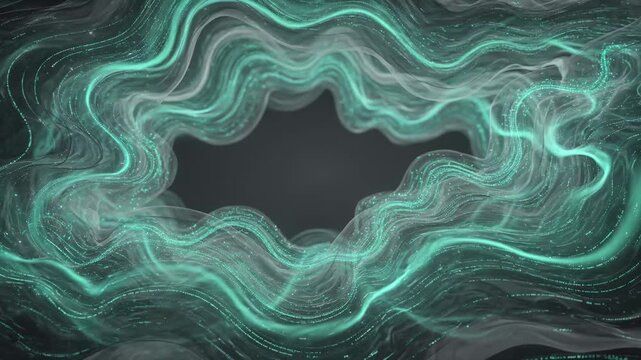 Flowing teal digital wave lines form abstract frame on a dark background, suggesting technology, data, motion, and connectivity