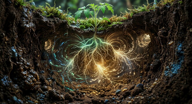 Underground tomato root cutaway with rhizosphere bacteria, fungi, exudates, nutrient gradients, mineral grains, and glowing soil ecology.