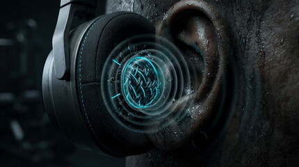 Fototapeta premium Audio earcup and stylized inner ear with pressure waves, sweat droplets, nano mesh vents, and durable materials for training and isolation