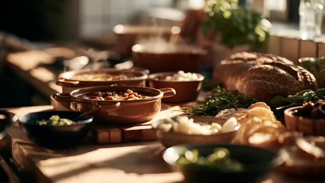 Paris, France, Europe. A closeup shot of a rustic dining table set for a meal, illuminated by warm, golden light. The main subject is a collection of baked goods, including a loaf of bread.