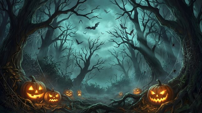 A spooky and mysterious halloween background featuring glowing carved pumpkins in a dark misty forest with bare trees and bats flying under a moonlight sky