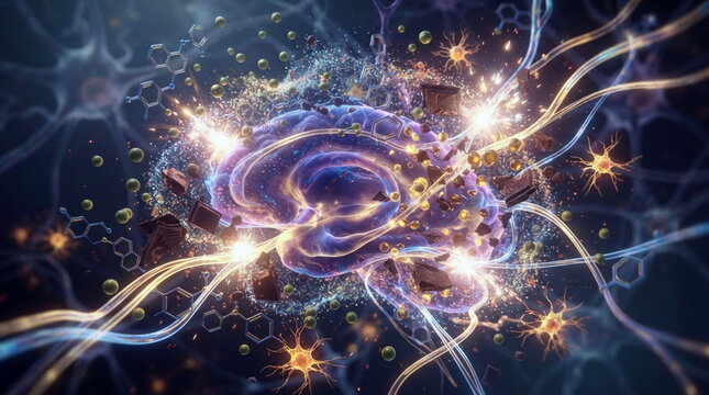 Hippocampus with flavonoid rings, olive polyphenols, dark chocolate fragments, and protective neural signals for brain health, memory support, and dementia prevention.