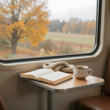 Calm autumn reading moment with open book cozy scarf and warm coffee by train window with scenic fall view