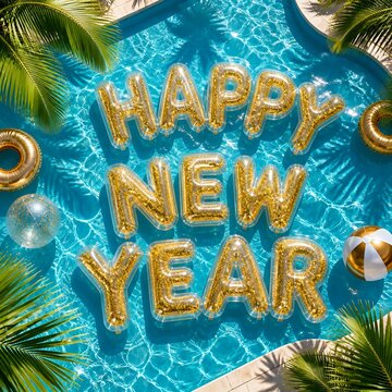 Happy New Year! Inflatable letters with gold glitter floating in crystal-clear turquoise swimming pool. Tourism, travel, winter vacation, holiday concept. 