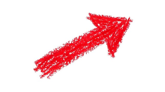 A vibrant red crayon drawing of an arrow pointing upwards on a clean white background representing direction and progress