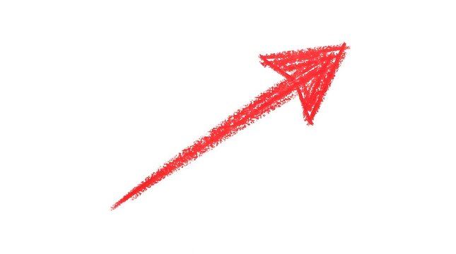 A vibrant red crayon drawing of an arrow pointing upwards on a white background representing direction and progress