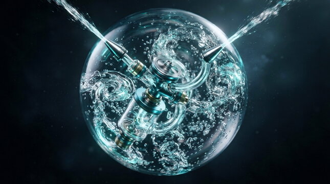Transparent sprinkler mechanism rotating inside a suspended water sphere with jets, droplets, vortices, and fluid streamlines.