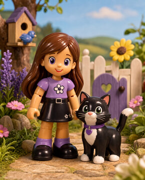 A charming nostalgic 3d style toy photograph featuring long brown haired girl toy standing beside a cute tuxedo cat in the garden, warm lighting