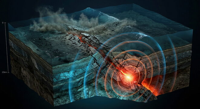 Undersea tectonic fault rupture with cracked crust, glowing hypocenter, radiating seismic waves, fractured rock layers, and sediment clouds.