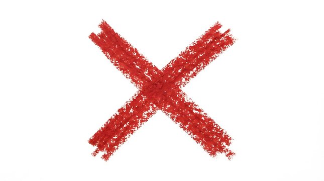 A vibrant red crayon scribble forming a large x mark against a clean white background representing rejection or cancellation concepts