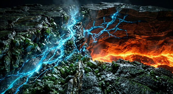 Undersea tectonic fault rupture with cracked crust, glowing hypocenter, radiating seismic waves, fractured rock layers, and sediment clouds.