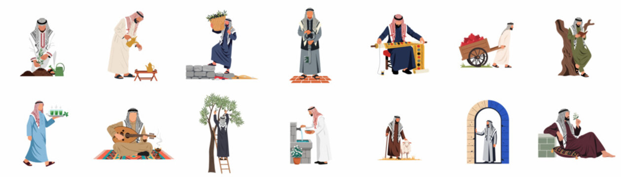 Collection of Middle Eastern characters in traditional clothing performing various cultural activities and daily life tasks, flat vector illustration set on white background.