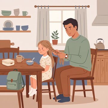 loving father braiding daughter hair before school morning routine flat illustration - ai generated