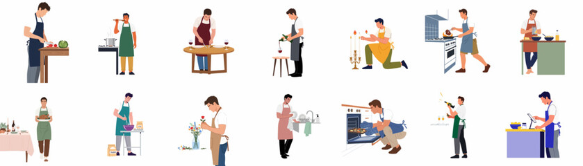 Fototapeta premium A collection of flat vector illustrations showing men in aprons performing various kitchen tasks such as cooking, baking, and cleaning.