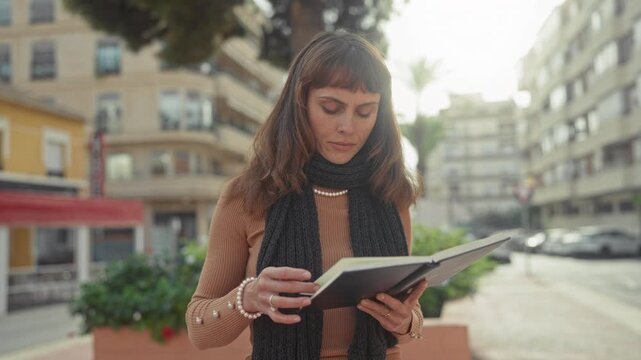 Woman holding book, flipping pages and looking down while standing on a city street by buildings; pensive reflection quiet.