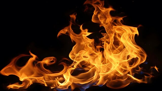 Orange and yellow flames rise against a dark black background