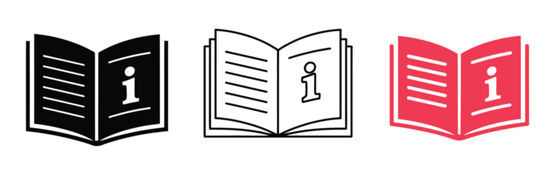 Icon set of open book with information symbol in dark light and red variations for academic education learning knowledge reference