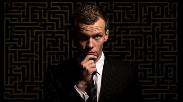 Executive upper body portrait in abstract maze, dramatic light symbolizing leadership and complex management decisions