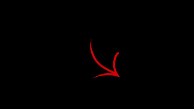 Animated hand-drawn red arrow points diagonally downward against on black background. Curved arrow loop animation for video transitions, highlights, guidance, direction, pointer, navigation symbol