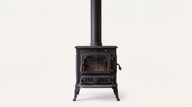 Black cast iron wood burning stove isolated on white background