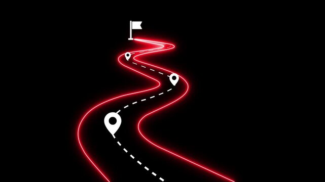 Neon glowing roadmap infographic with animated location pins and finish line flag