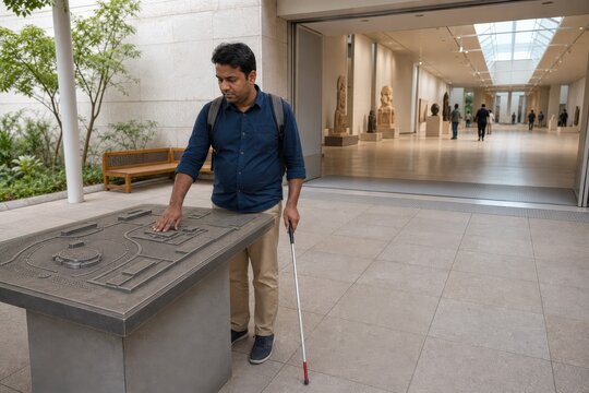 Accessible Tourism Traveler Independently Exploring Tactile Museum Orientation Map