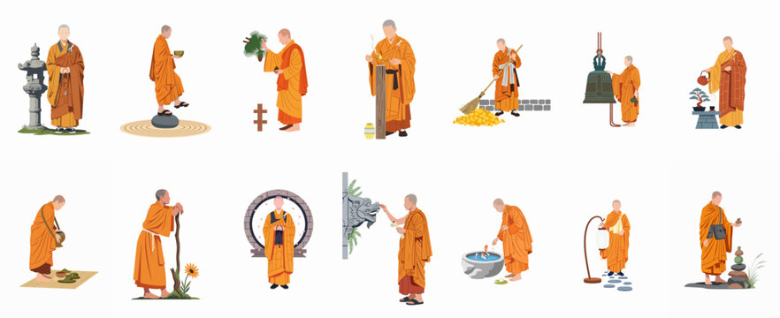 Collection of Buddhist Monks in Orange Robes Performing Various Traditional and Spiritual Activities Isolated on White Background