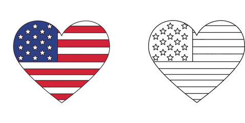 Obraz premium American Flag in Heart Shape Vector Illustration with Color and Line Art Outline for USA Independence Day 4th of July Celebration and Coloring Page
