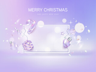 Naklejka premium Transparency coupon banner glassmorphism for Discount online shopping with Merry christmas gift box decorations background. Gradient holographic theme.