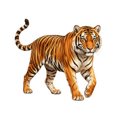Fototapeta premium Powerful Bengal Tiger Walking with Orange Fur and Bold Black Stripes Isolated Clipart for Wildlife Animal and Nature Design