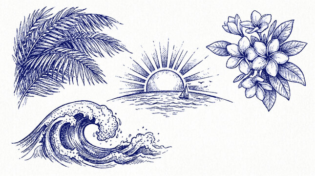 Tropical summer sketches collection featuring hand drawn palm fronds ocean waves rising sun and exotic plumeria flower clusters