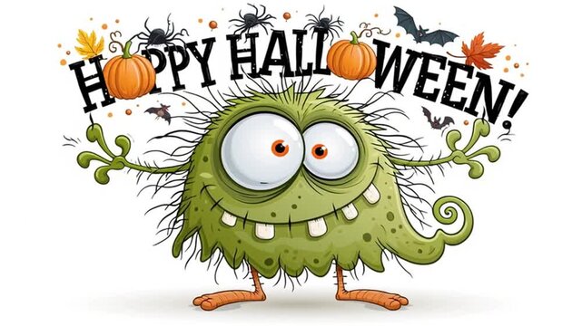 Cute cartoon ghost with Happy Halloween text, pumpkins, and a spider on a white background. Flat design illustration.