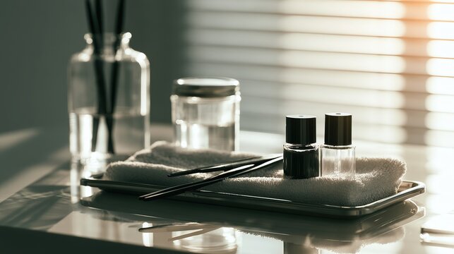 Still life of microblading tools and pigment bottles, soft professional light on material detail, semi-permanent makeup studio scene