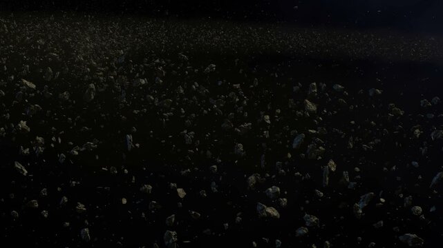 Vast asteroid field drifting through deep space with scattered rocky debris and cosmic dust in a dark celestial void